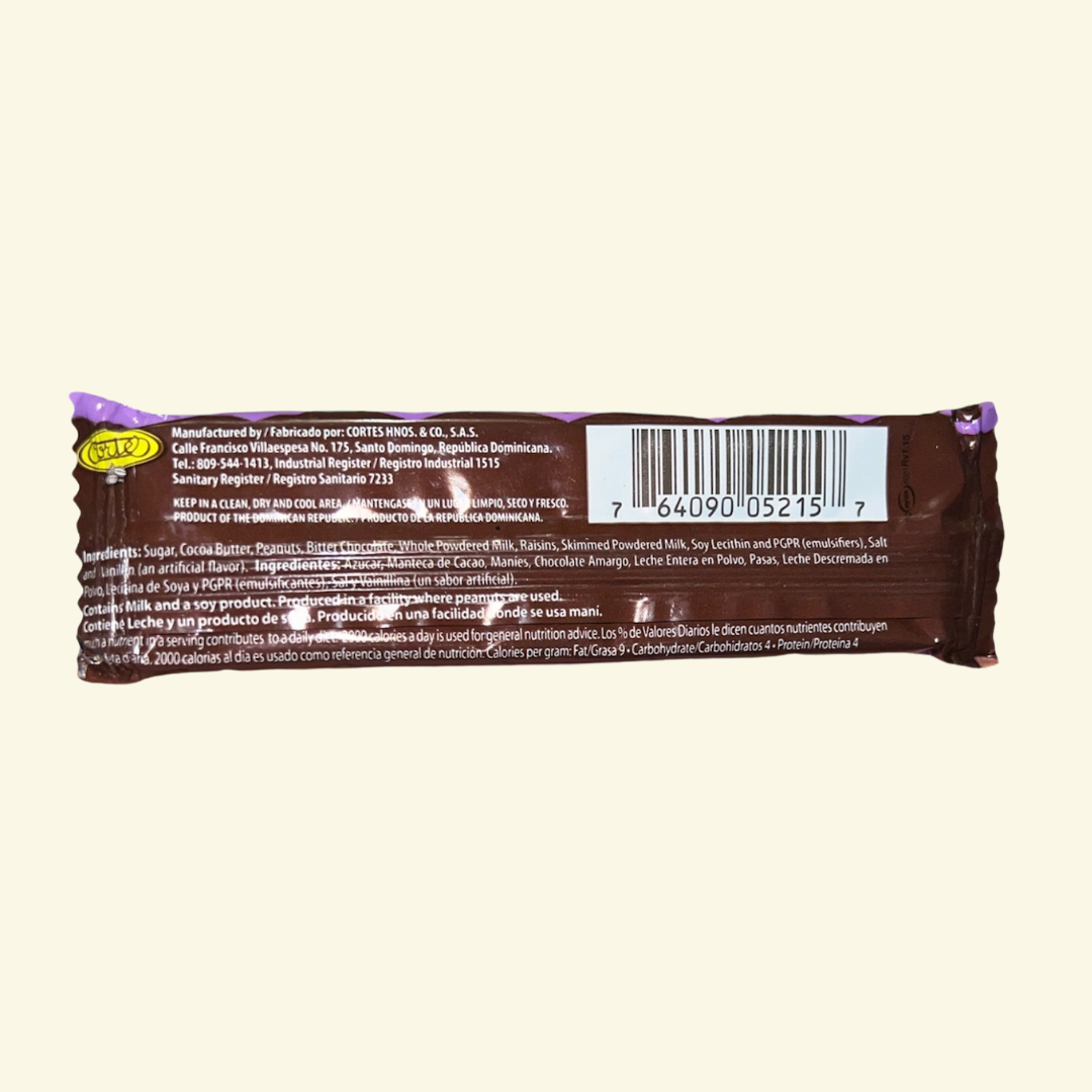 Chocolate en Barra Cortes Mas•Mas, cubierto de pasas y maní, 35 g