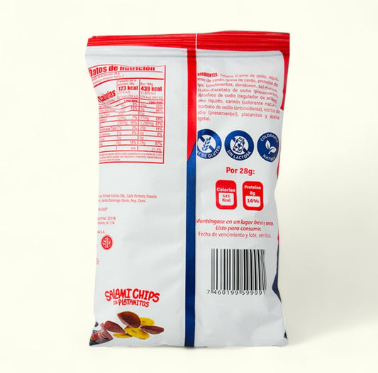Salami Chips con platanitos, 8 g. Crocante y deliciosa combinación del salami induveca y el plátano
