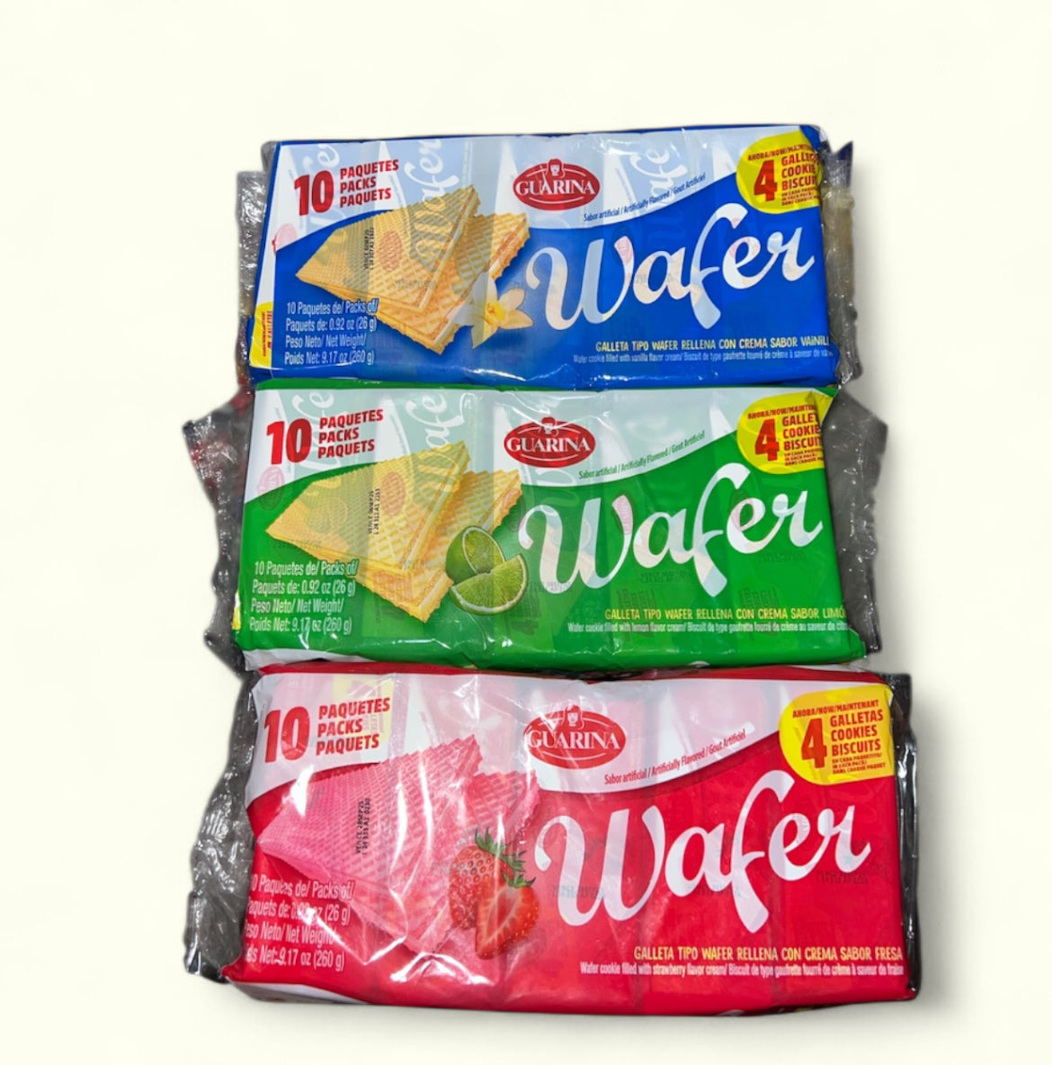 Galletas Guarina Wafer, 260 g /10 paquetes. Galletas tipo wafer rellenas de crema de limón, Fresa o Vainilla.
