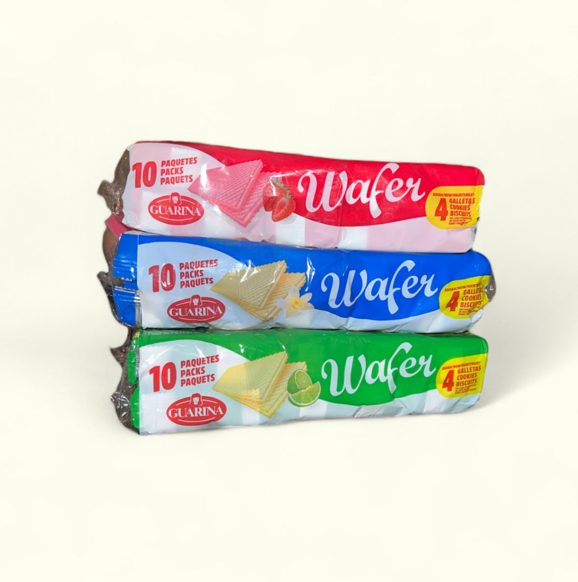Galletas Guarina Wafer, 260 g /10 paquetes. Galletas tipo wafer rellenas de crema de limón, Fresa o Vainilla.
