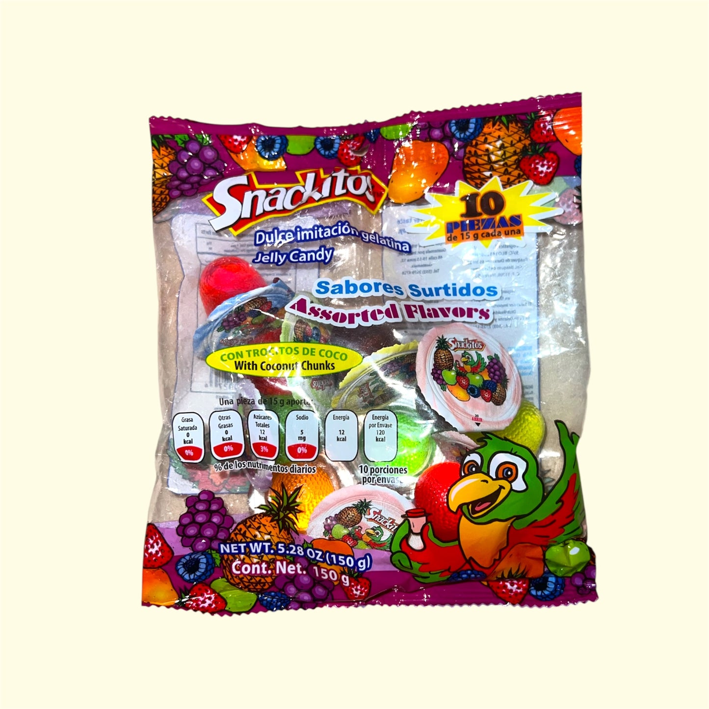 Snackitos, Dulce imitación de Gelatina/ Jelly Candy, sabores surtidos, 10 piezas.
