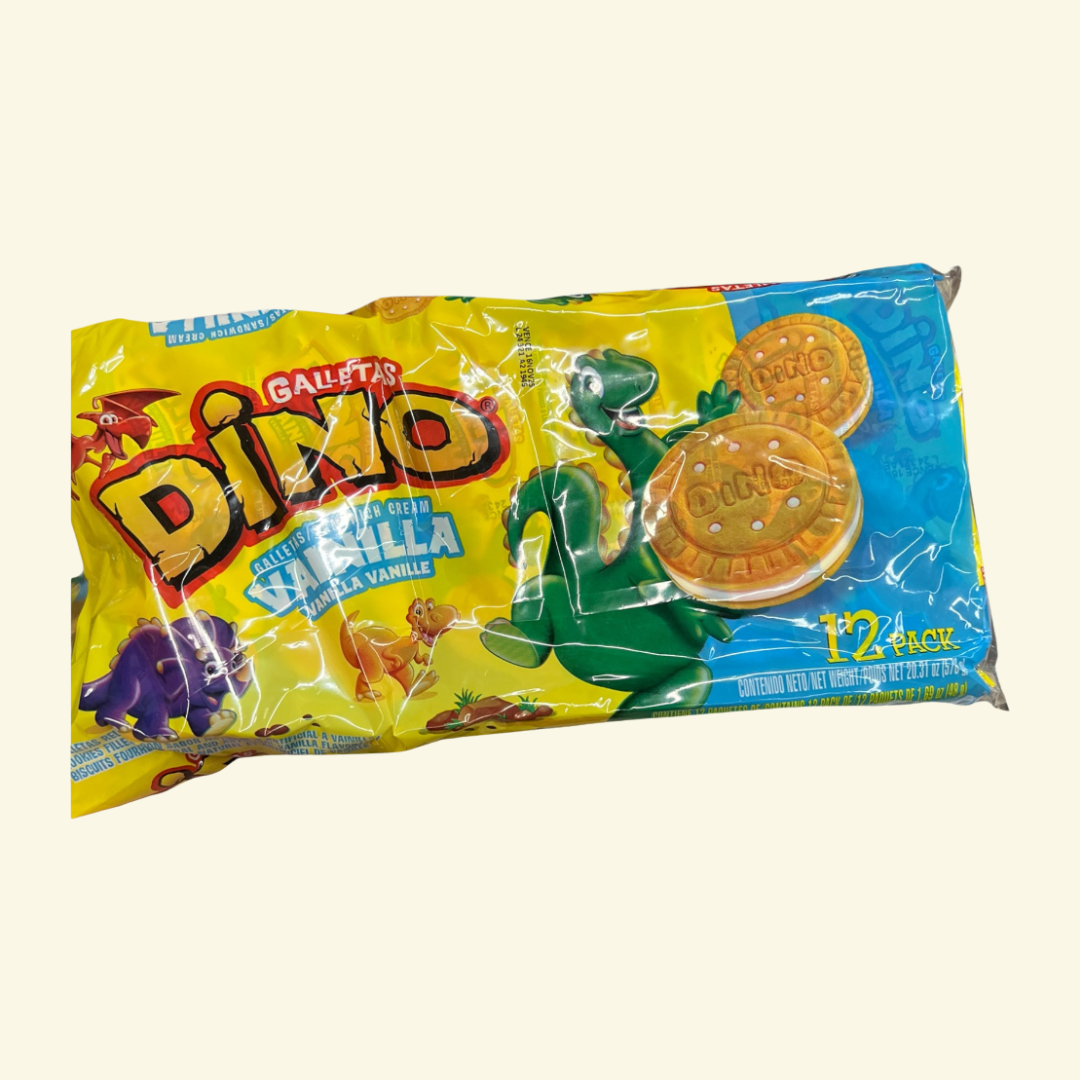 Galletas Dino, 12 Und/Paq, 576 g. Disponible en sus 3 sabores Fresa, Chocolate y vainilla.