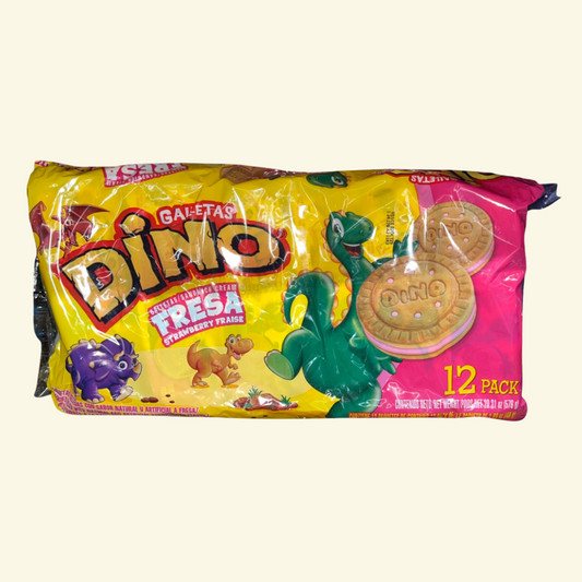 Galletas Dino, 12 Und/Paq, 576 g. Disponible en sus 3 sabores Fresa, Chocolate y vainilla.