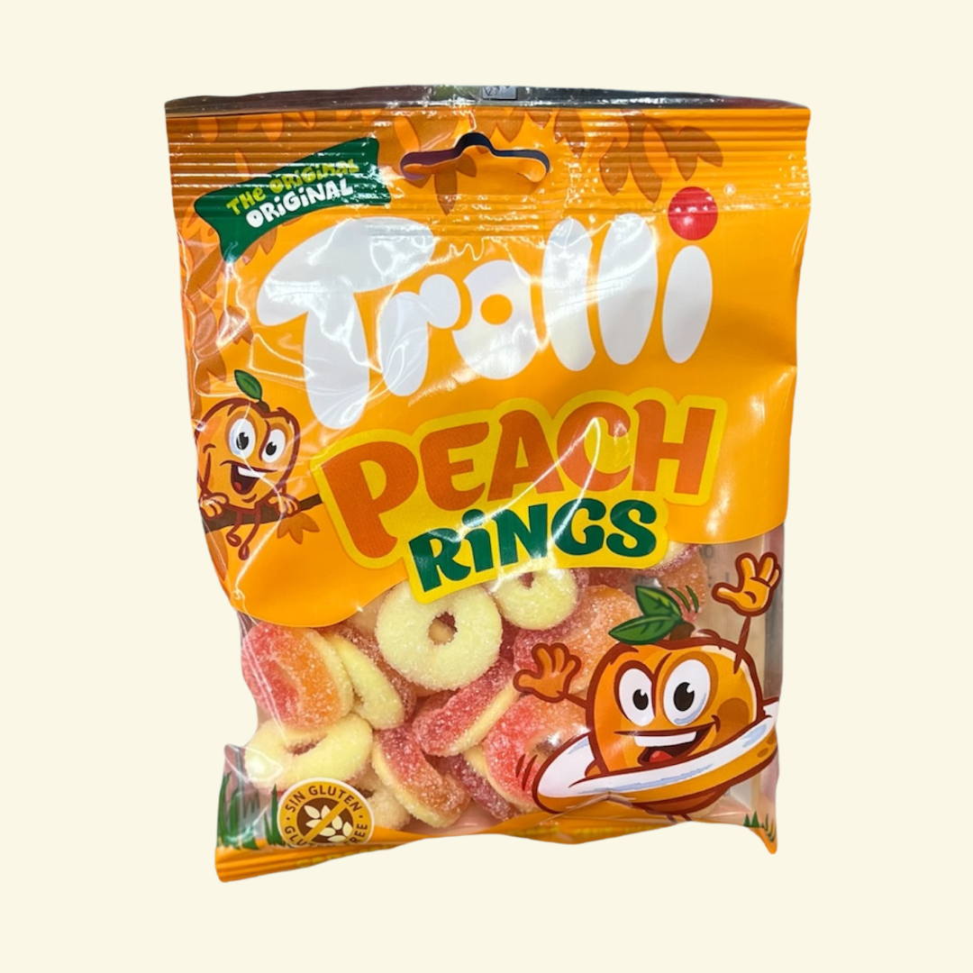 Gomitas Trolli Peach Rings, 100g. Gomitas en forma de anillo con sabor a Melocotón