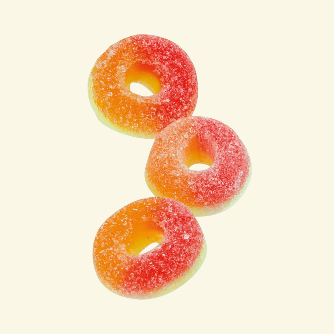 Gomitas Trolli Peach Rings, 100g. Gomitas en forma de anillo con sabor a Melocotón