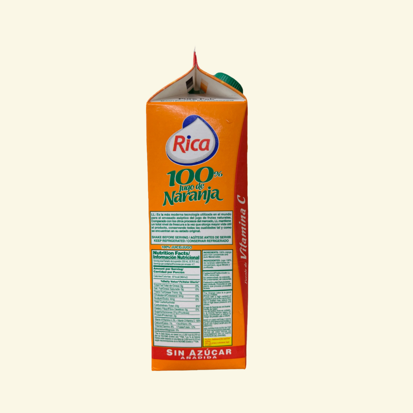 Jugo Rica de Naranja sin Azúcar Añadida, 946 Ml. Fuente rico en vitamina C