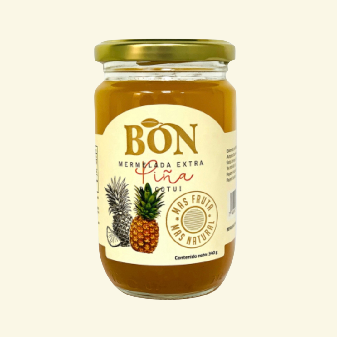 Mermelada de piña, marca Bon, en envase de cristal de 340 g.