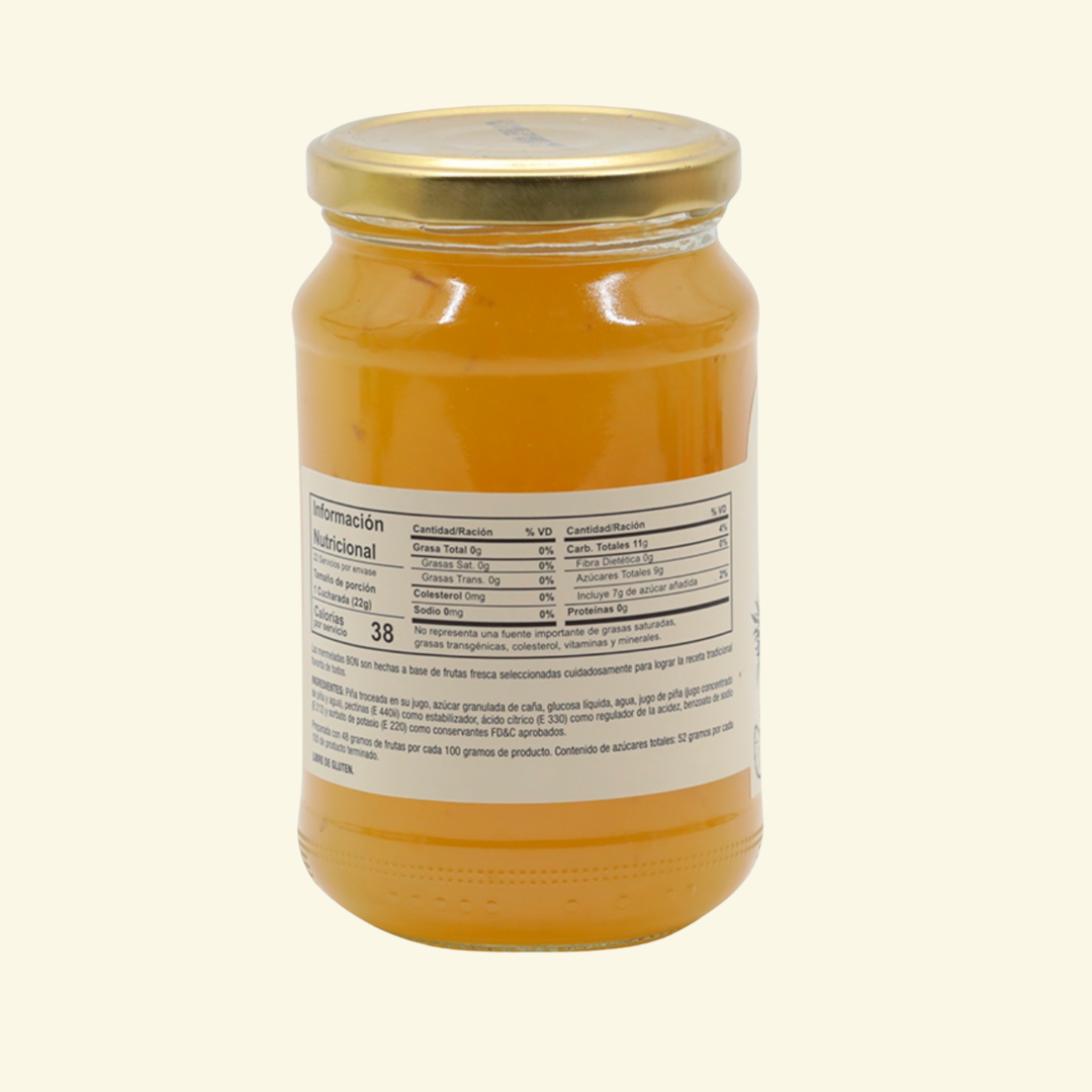 Mermelada de piña, marca Bon, en envase de cristal de 340 g.