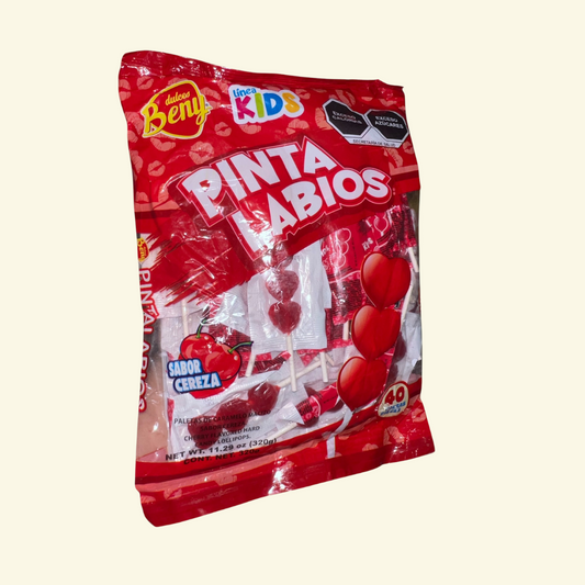 Paletas pinta labios  Dulces Beny, 40 unidades, Sabor a cereza. 320 g. Paletas de caramelo macizo sabor a cereza 🍒