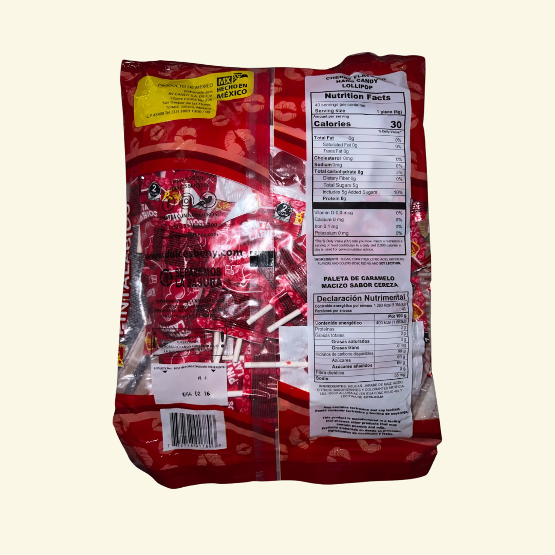 Paletas pinta labios  Dulces Beny, 40 unidades, Sabor a cereza. 320 g. Paletas de caramelo macizo sabor a cereza 🍒
