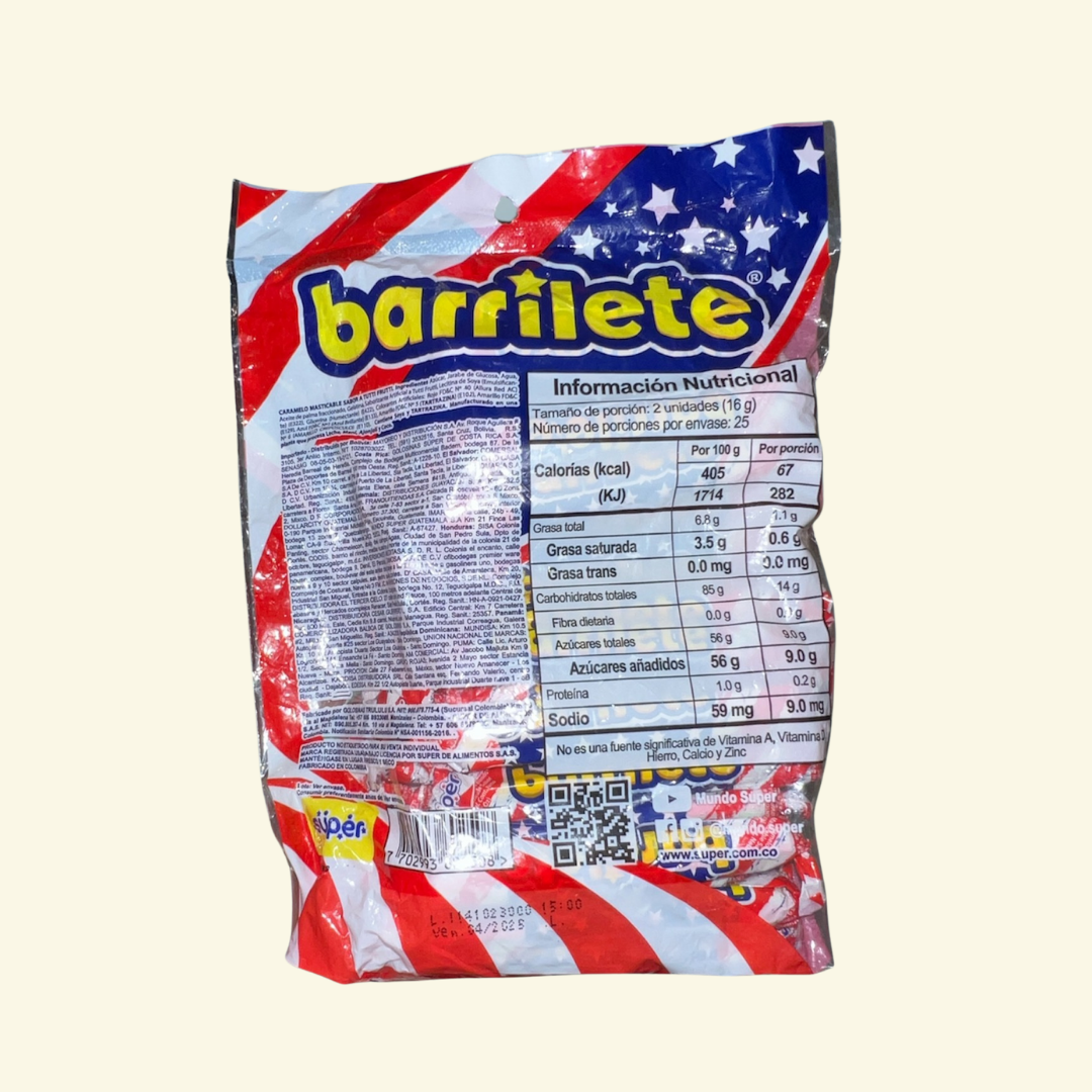 Chalacas o Barrilete, 15 unidades, 120 g. Caramelo blanco sabor a Tutti Frutti