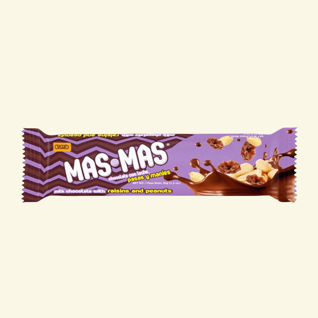 Chocolate en Barra  Cortes Mas•Mas, cubierto de pasas y maní, 35 g