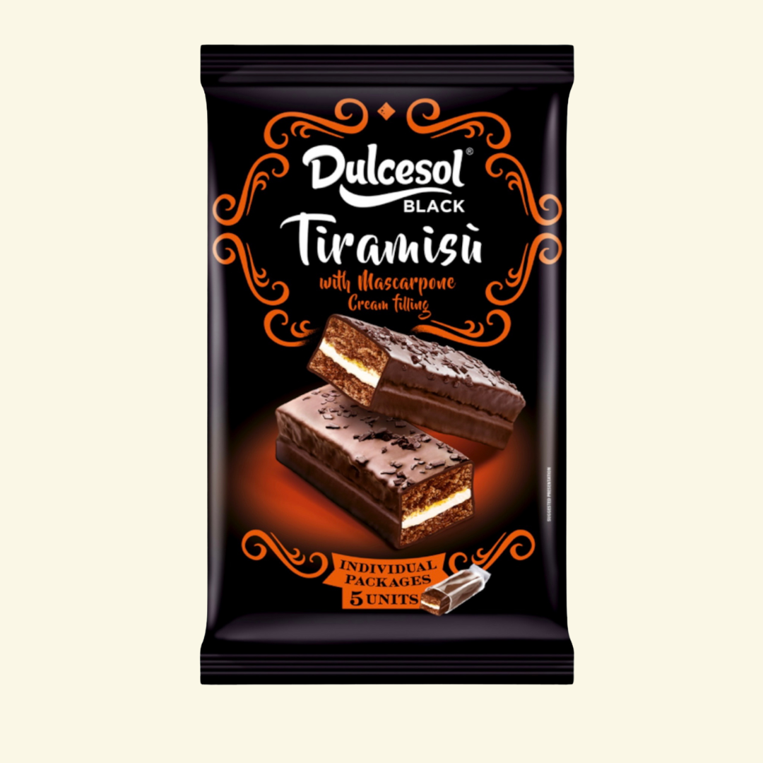 Dulcesol Black Tiramisu, 225 g, with Mascarpone Cream, trae 5 paquetes Individuales